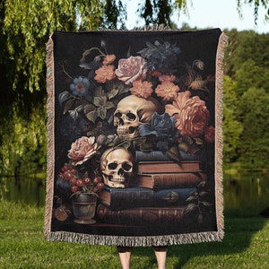 Botanical Skulls Throw Blanket: Vintage Books Woven Tapestry, Moody Floral Blanket, Dark Academia and Victorian Gothic and Whimsigoth Decor