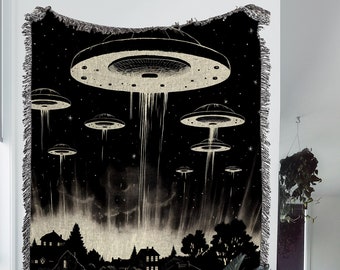 Alien Invasion Woven Throw Blanket: Retro Sci Fi Art Woven Tapestry and Outer Space Blanket for Weird UFO Room Decor, Funky Oddities Decor