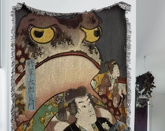 Japanese Frog Woven Throw Blanket: Utagawa Kuniyoshi Art Tapestry