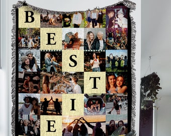Custom Photo Collage Woven Blanket: Personalized Woven Tapestry and Bestie Photo Gift Blanket; Great Best Friend Gift and Preppy Room Decor