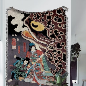 Jiraya Fighting Orochimaru Throw Blanket: Vintage Japanese Frog Woven Tapestry, Kuniyoshi Fine Art Blanket, Mythology and Frog Toad Decor