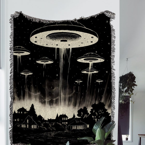 Alien Invasion Woven Throw Blanket: Retro Sci Fi Art Woven Tapestry and Outer Space Blanket for Weird UFO Room Decor, Funky Oddities Decor