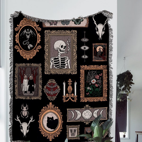 Picture Frame Throw Blanket: Witchy Collage Woven Tapestry, Skeleton Halloween Blanket, Vintage Whimsigoth and Oddities Dark Academia Decor