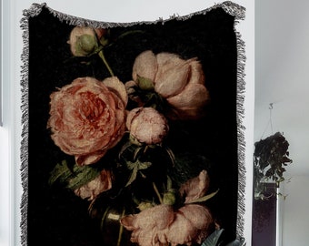 Moody Pink Floral Woven Blanket: Vintage Painting Woven Tapestry and Victorian Gothic Blanket for Dark Cottagecore and Dark Academia Decor