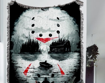 Jason Mask Woven Throw Blanket | Horror Movie Decor | Friday the 13th Gothic Wall Art | Halloween Room Decor