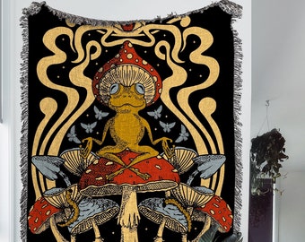 Trippy Toad Woven Throw Blanket: Psychedelic Mushroom Woven Tapestry and Witchy Frog Blanket For Hippie Room Decor and Indie Aesthetic