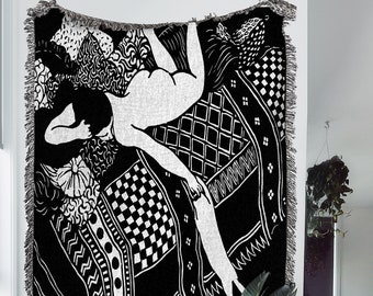 1896, La Paresse Woven Throw Blanket: Famous Art Print by Felix Vallotton and Lady with Cat Woven Tapestry; Great Vintage Boho Throw Blanket