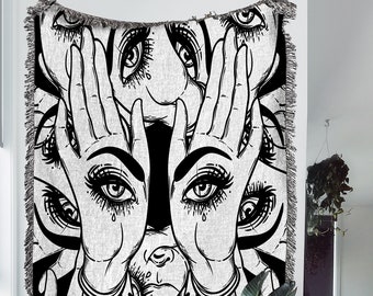 Okkulte Hände gewebte Baumwolldecke: Allsehender Auge-Tapisserie