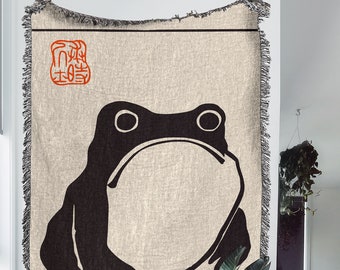 Matsumoto Hoji Frog Woven Throw Blanket: Sad Japanese Frog Poster Woven Tapestry and Vintage Blanket for Japanese Decor and Animal Print