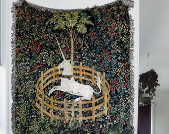 Unicorn in Captivity Woven Tapestry Blanket | Medieval Renaissance Wall Art Throw, Forest Cottagecore Home Decor, Vintage Fantasy Blanket