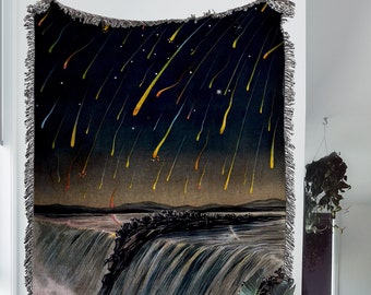 1833, Meteor Shower Woven Throw Blanket: Vintage Astrology Painting Woven Tapestry and Celestial Cotton Blanket for Dark Aesthetic Decor