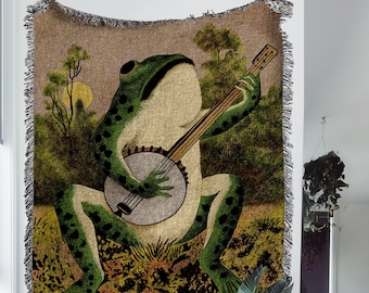 Frog Playing Banjo Woven Throw Blanket: Vintage Animal Print Woven Tapestry And Cotton Kawaii Blanket For Goblincore And Fairycore Decor