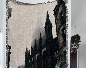 Streets of Edinburgh Woven Throw Blanket: Victorian Gothic Woven Tapestry and Cotton Blanket, Great Dark Academia and Goth Room Decor