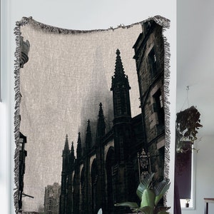 Streets of Edinburgh Woven Throw Blanket: Victorian Gothic Woven Tapestry and Cotton Blanket, Great Dark Academia and Goth Room Decor