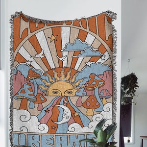 Divine Cosmos Woven Throw Blanket: Mushroom Tapestry, Boho Hippie Throw Blanket, Cottagecore  Blanket, Celestial Bedding, Moon Child Gift