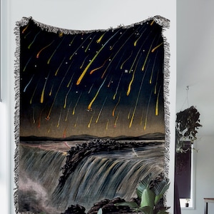 1833, Meteor Shower Woven Throw Blanket: Vintage Astrology Painting Woven Tapestry and Celestial Cotton Blanket for Dark Aesthetic Decor