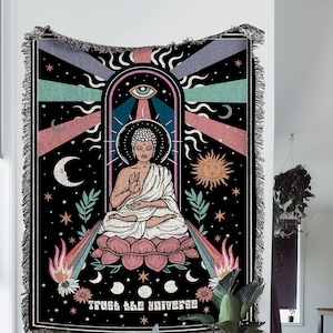 Trust The Universe Woven Throw Blanket: Buddhism woven tapestry; Great for boho throw blanket, spiritual room decor and indie room décor