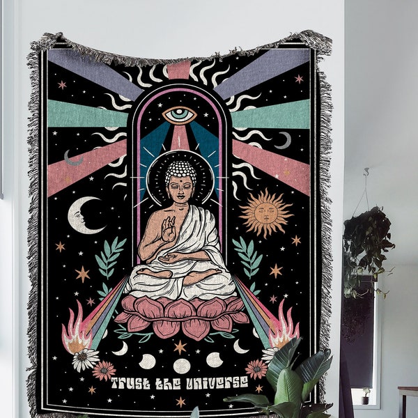 Trust The Universe Woven Throw Blanket: Buddhism woven tapestry; Great for boho throw blanket, spiritual room decor and indie room décor