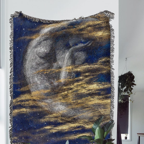 Weary Moon (1914) Woven Throw Blanket: Celestial Moon Woven Tapestry And Vintage Fantasy Blanket For Light Academia And Fariycore Decor