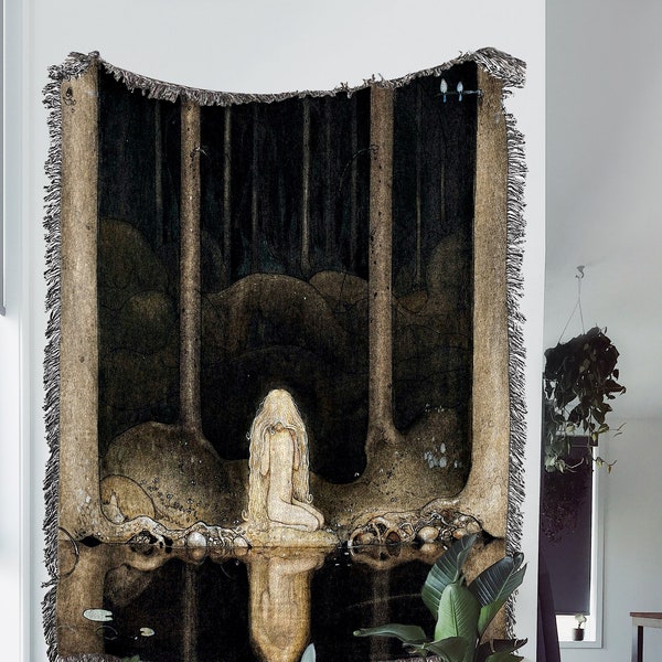 Princess Tuvstarr Woven Throw Blanket | Vintage John Bauer Fairytale Tapestry, Dark Nordic Folk Art, Gothic Scandinavian Fantasy Decor