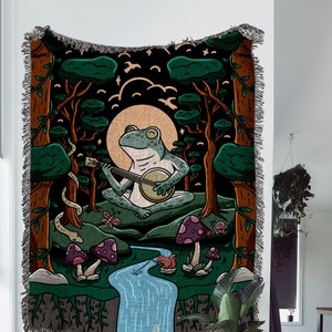 Forest Banjo Frog Woven Cotton Throw Blanket: Cottagecore Tapestry