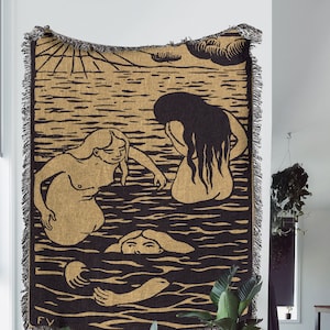 1894, Three Bathers Woven Throw Blanket: Famous Art by Felix Vallotton and Vintage Woven Tapestry; Great Boho Throw Blanket and Modern Decor