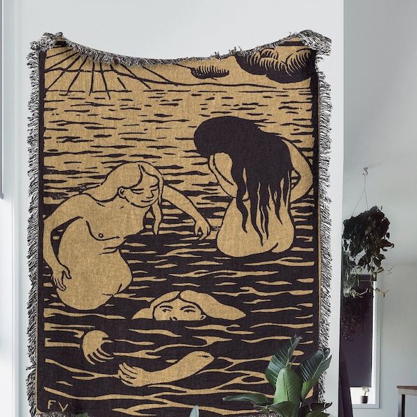 1894, Three Bathers Woven Throw Blanket: Famous Art by Felix Vallotton and Vintage Woven Tapestry; Great Boho Throw Blanket and Modern Decor