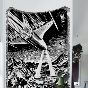 Vintage Sci FiWoven Throw Blanket: Novelty Spaceship Woven Tapestry and Retro Science Fiction Blanket; Space Wall Art for Alein Room Decor