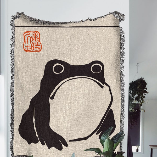 Matsumoto Hoji Frog Woven Throw Blanket: Japanese Decor Tapestry