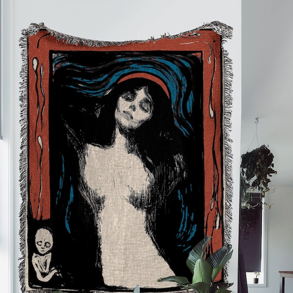 1894, Vintage Woven Throw Blanket: Madonna Famous Art Print By Edvard Munch, Victorian Goth Room Decor Woven Tapestry, Grunge Throw Blanket