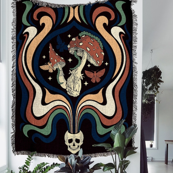 Mushroom Head Woven Blanket: Mushroom Woven Tapestry And Psychedelic Skull Blanket, Great Grunge Throw Blanket And Indie Room Decor