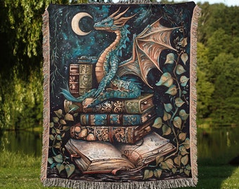 Bookish Dragon Woven Blanket: Folklore Tapestry Throw