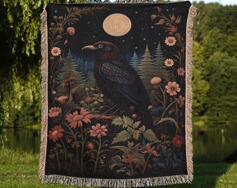 Raven Woven Throw Blanket: Gothic Floral Forest Tapestry