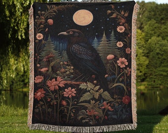 Luna Raven Throw Blanket: Forest Landscape Woven Tapestry, Moody Goblincore Crow Blanket, Victorian Gothic And Whimsigoth Floral Decor