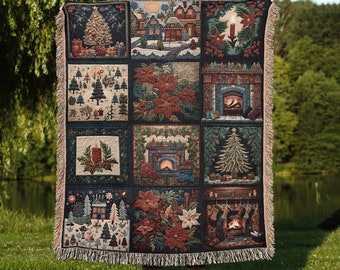 Vintage Christmas Patchwork Woven Throw Blanket | Holiday Winter Tapestry, Rustic Farmhouse Xmas Decor, Cozy Festive Gift