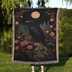 Luna Raven Throw Blanket: Forest Landscape Woven Tapestry, Moody Goblincore Crow Blanket, Victorian Gothic And Whimsigoth Floral Decor