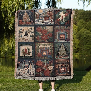 Faux Christmas Patchwork Throw Blanket: Vintage Holiday Woven Tapestry, Cozy Christmas Blanket, Christmas Tree And Dark Cottagcore Decor