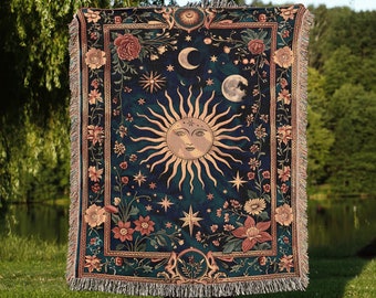 Celestial Sun and Moon Blanket | Whimsical Starry Night Floral Tapestry, Cosmic Decor, Ethereal Boho Throw, Mystical Sunflower Botanical Art