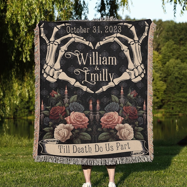 Hand Heart Throw Blanket: Custom Skeleton Couple Gift, Til Death Do Us Part Tapestry, Personalized Goth Wedding Gift, Gothic Anniversary