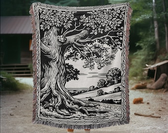 Couverture Arbre de vie gravé sur bois : tapisserie tissée, décor Cottagecore