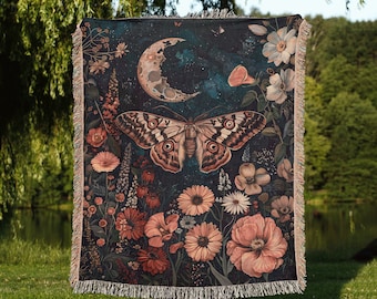 Moth and Flowers Throw Blanket: Botanical Moon Tapestry