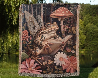 Frog Reading Book Woven Blanket: Floral Cottagecore Tapestry