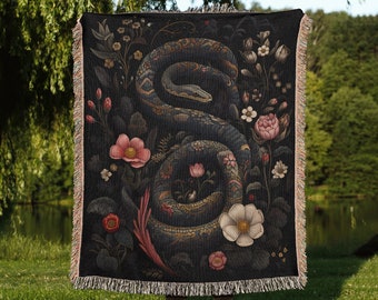 Floral Snake Woven Throw Blanket: Dark Botanical Snake Woven Tapestry, Victorian Gothic Blanket for Dark Cottagecore and Whimsigoth Decor