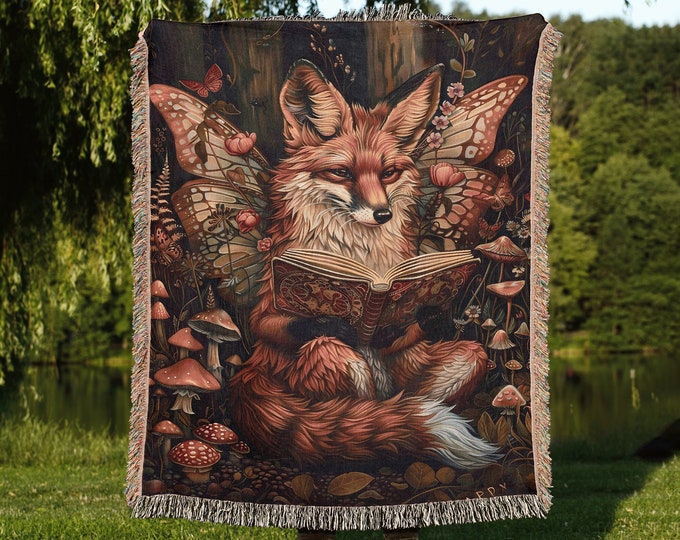 Fox Reading Throw Blanket: Whimsical Forest Woven Tapestry, Cute Woodland Animal Blanket for Dark Cottagecore Decor And Book Lovers Gift