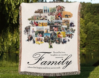 Family Tree Custom Photo Collage Woven Throw Blanket: Personalized Keepsake Tapestry, Pet or Memorial Blanket, Anniversary Gift, Mothers Day