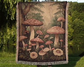 Mushroom Forest Throw Blanket: Cottagecore Woven Tapestry