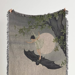 Fairy Riding Bat Woven Throw Blanket: Vintage Fairytale Woven Tapestry, Whimsical Cotton Blanket For Coquette Deor And Cottagecore Bedding