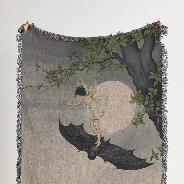 Fairy Riding Bat Woven Throw Blanket: Vintage Fairytale Woven Tapestry, Whimsical Cotton Blanket For Coquette Deor And Cottagecore Bedding