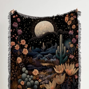 Night Desert Woven Throw Blanket: Cactus Moon Stars Woven Tapestry, Floral Desert Landscape Blanket, Moody Wall Art and Southwestern Decor