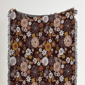 Floral Spider Web Woven Throw Blanket: Boho Halloween Decor